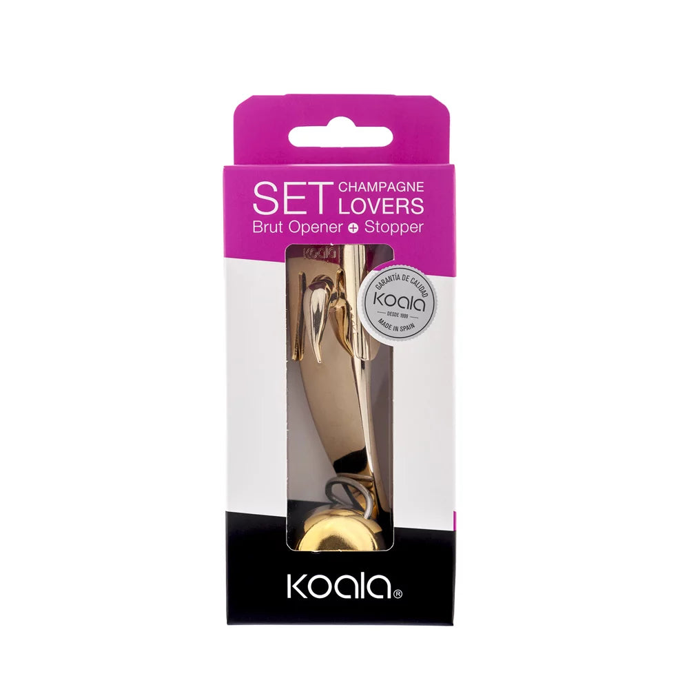 Set Champagne Lover, composto da pinza e stopper, nella versione color oro.