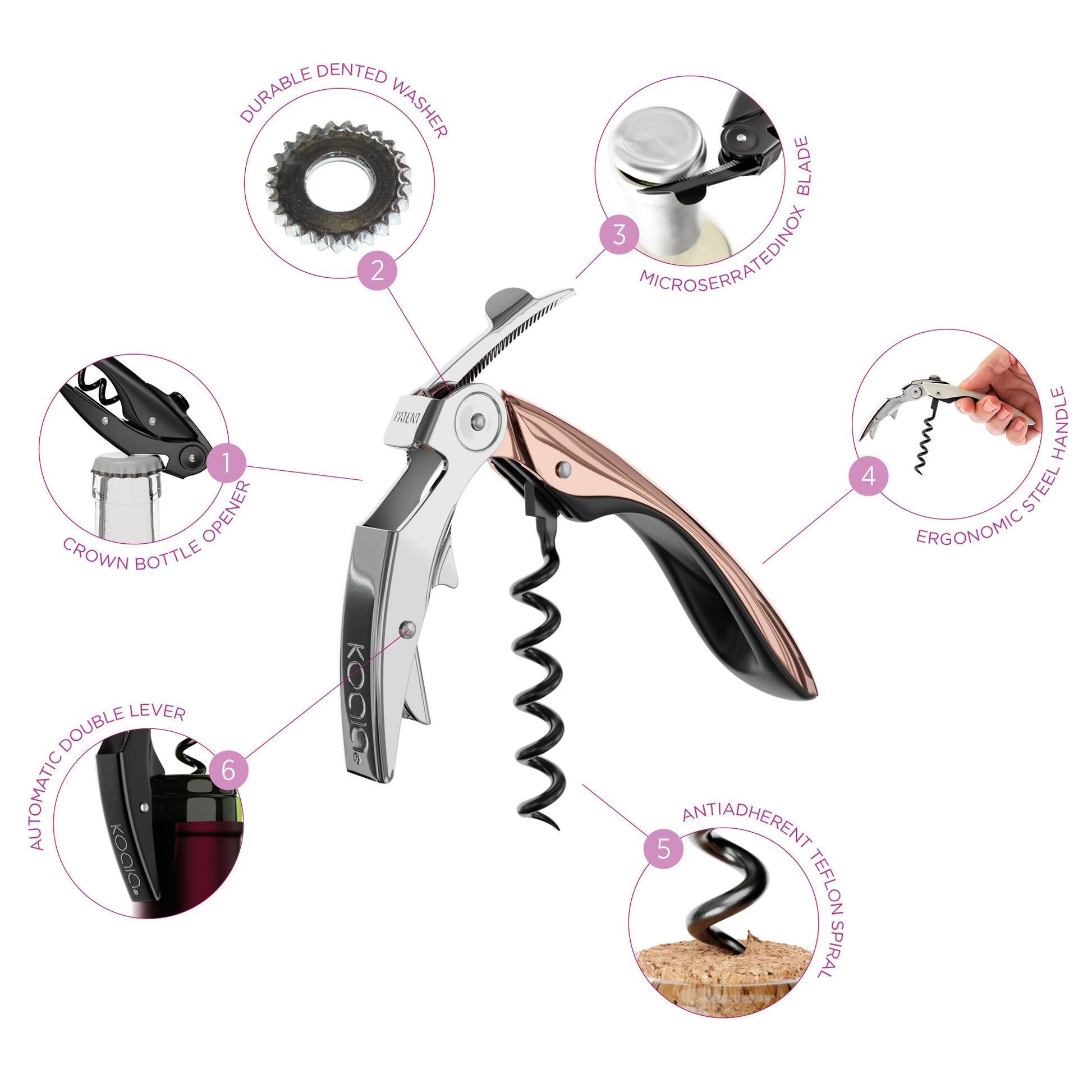 Dettagli del cavatappi per vino di design e professionale modello High Tech Deluxe, colore Gold Rosé