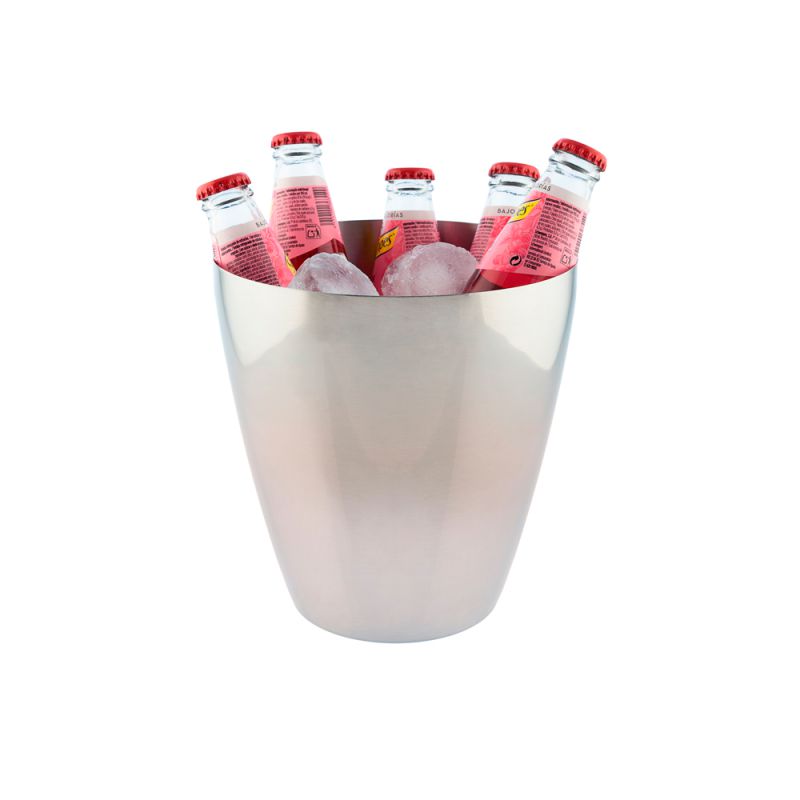 Secchiello portaghiaccio in acciaio inox con bibite e ghiaccio per cocktail al suo interno