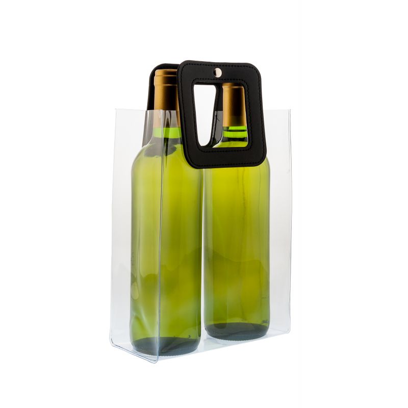 Borsa portaghiaccio Nice Cooler Square personalizzabile e trasparente, con due bottiglie di vino e manico resistente