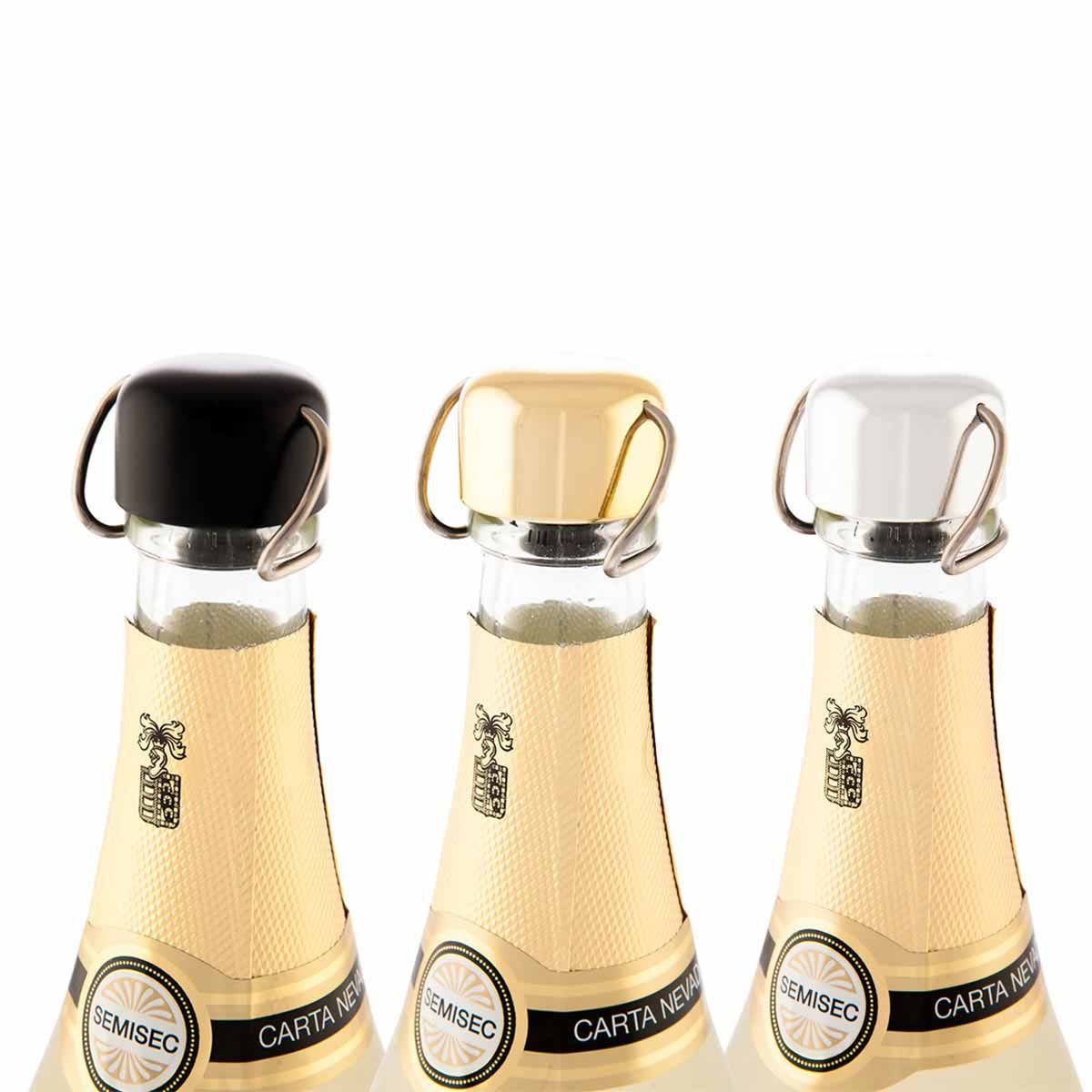 Dettagli dei tappi per Champagne Brut Rose Stopper uno accanto all'altro: variante nero, gold e silver