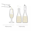 Infografica che spiega l'utilizzo dell'accessorio Champagne Saver 2 in 1, con funzione stopper e versatore per champagne