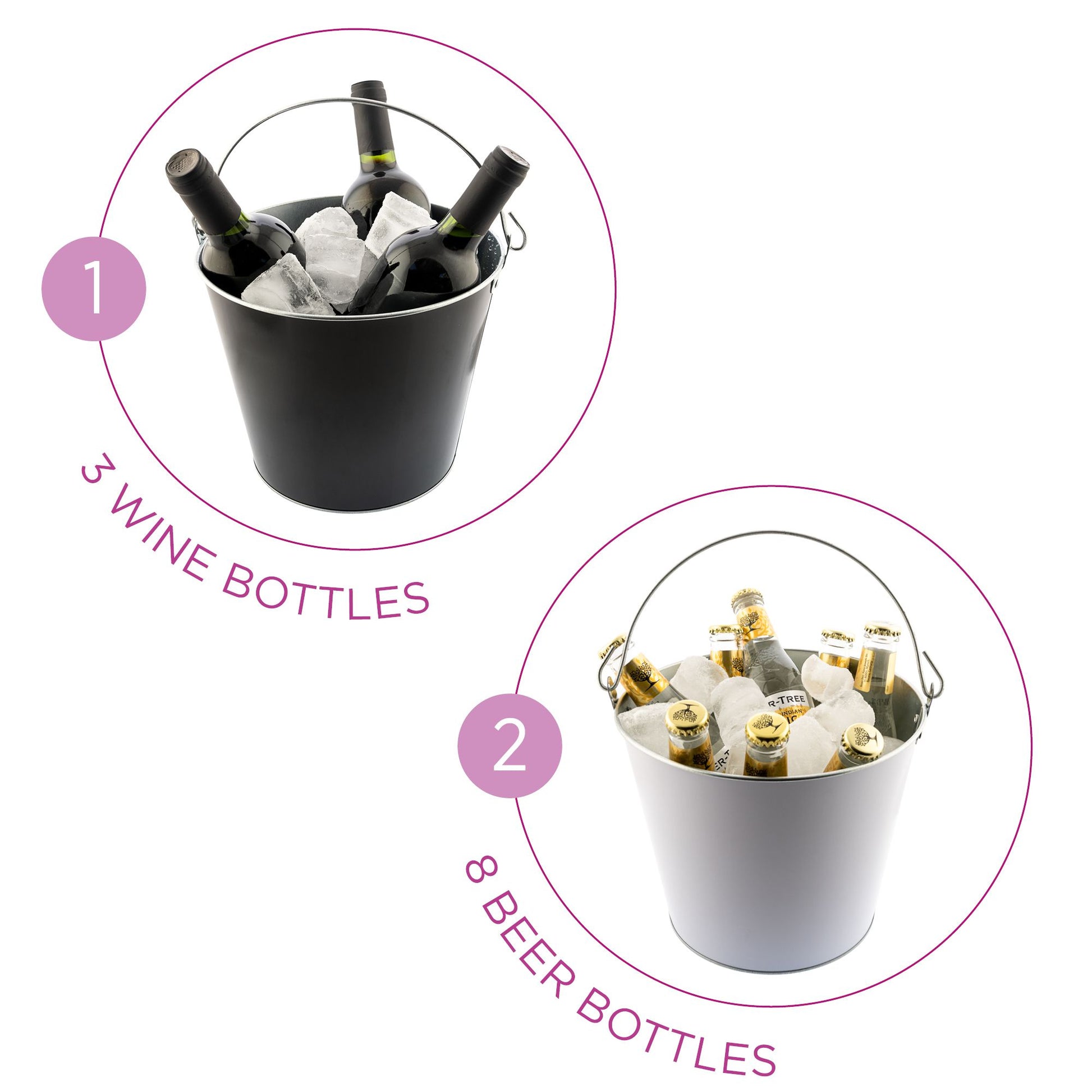 Infografica secchiello portaghiaccio in metallo di colore nero e grigio: 3 bottiglie di vino oppure 8 bottiglie di birra