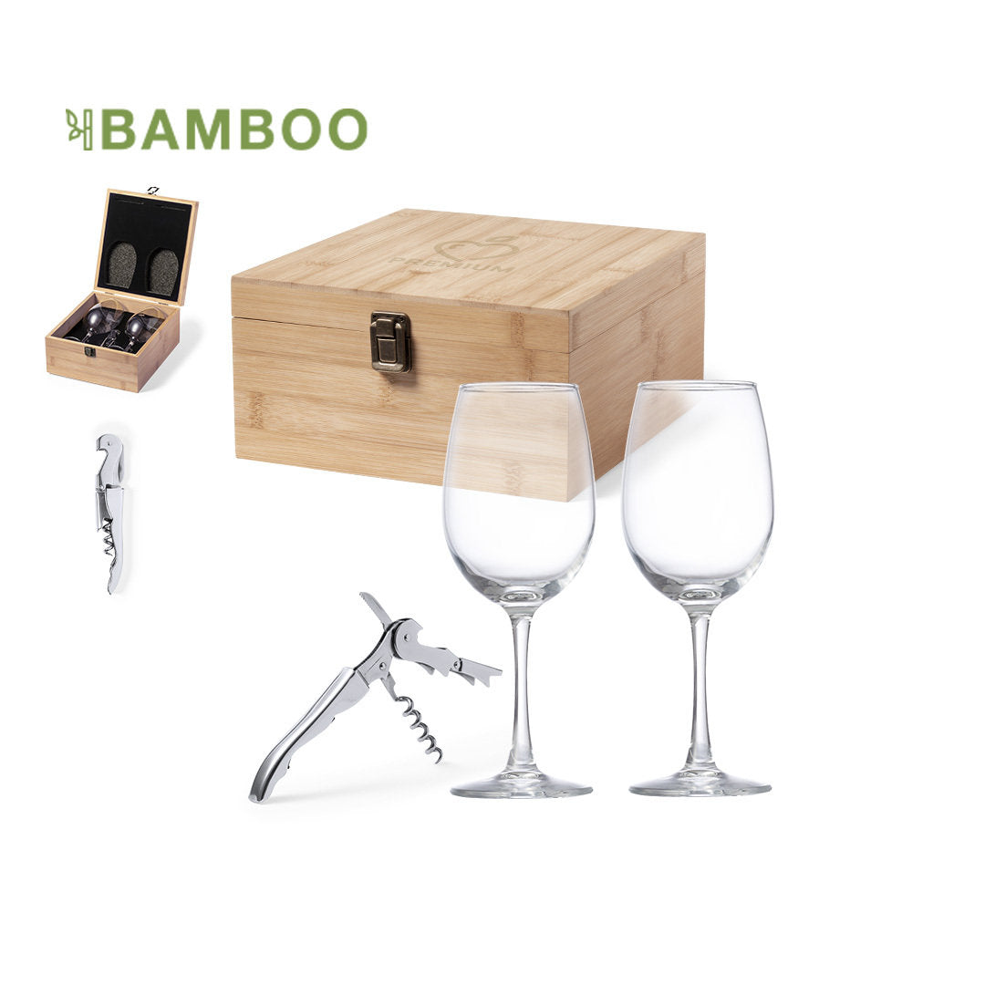 Set Vino in legno di Bamboo contenente due calici di vino ed un cavatappi professionale per vino