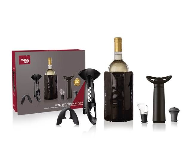 Set Vino da regalo Wine Set Original Plus con 6 accessori vino: taglia capsule, cavatappi a spirale, fascia refrigerante, versatore, pompa salva vino e tappo per vino