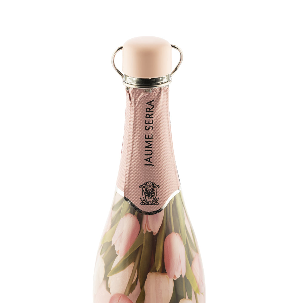 Brut Rose Stopper: tappo per Champagne, colore rosa, inserito all'interno di una bottiglia di champagne