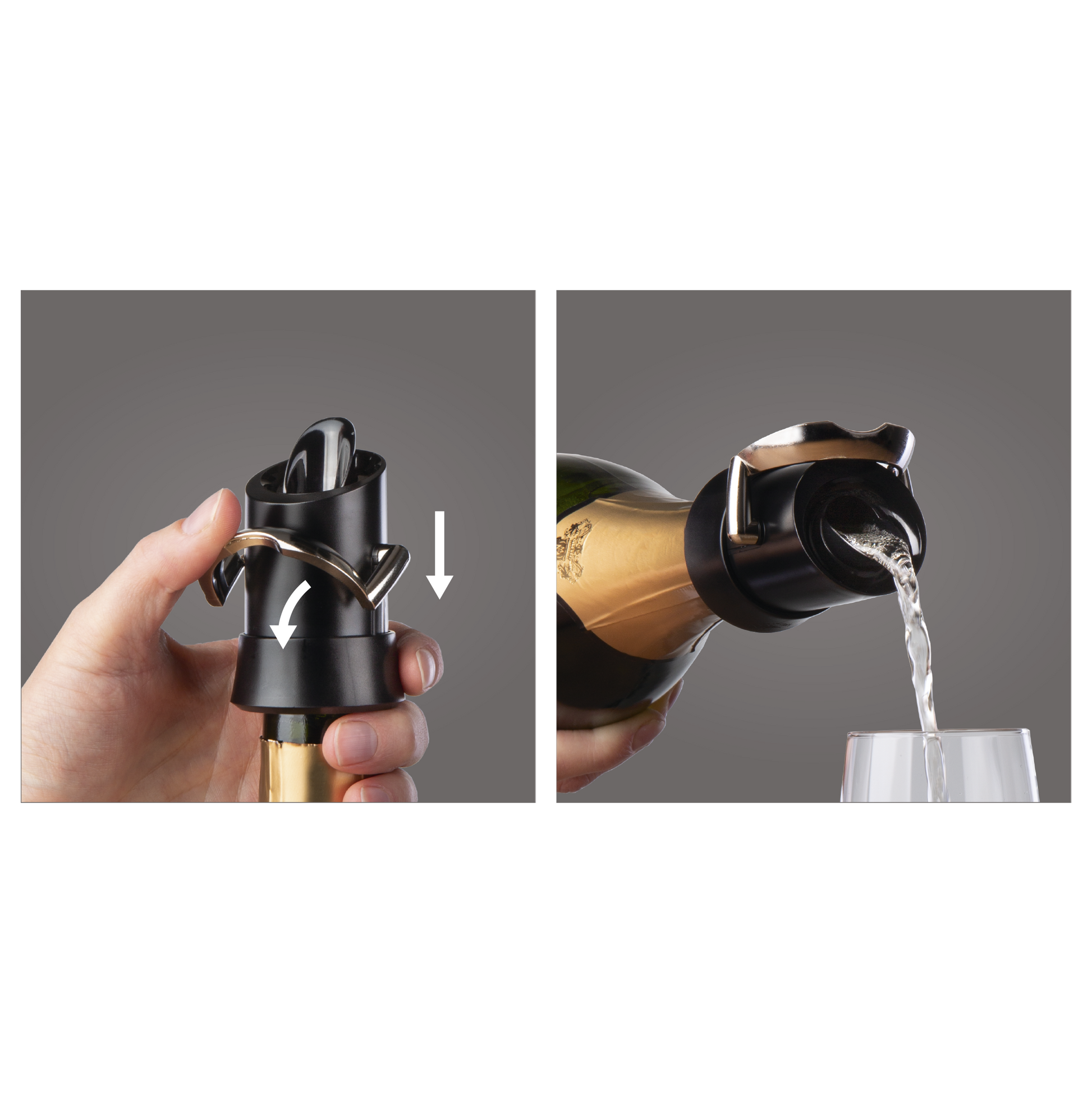 Utilizzo del Champagne Saver 2 in 1: esempio di funzione stopper e versatore